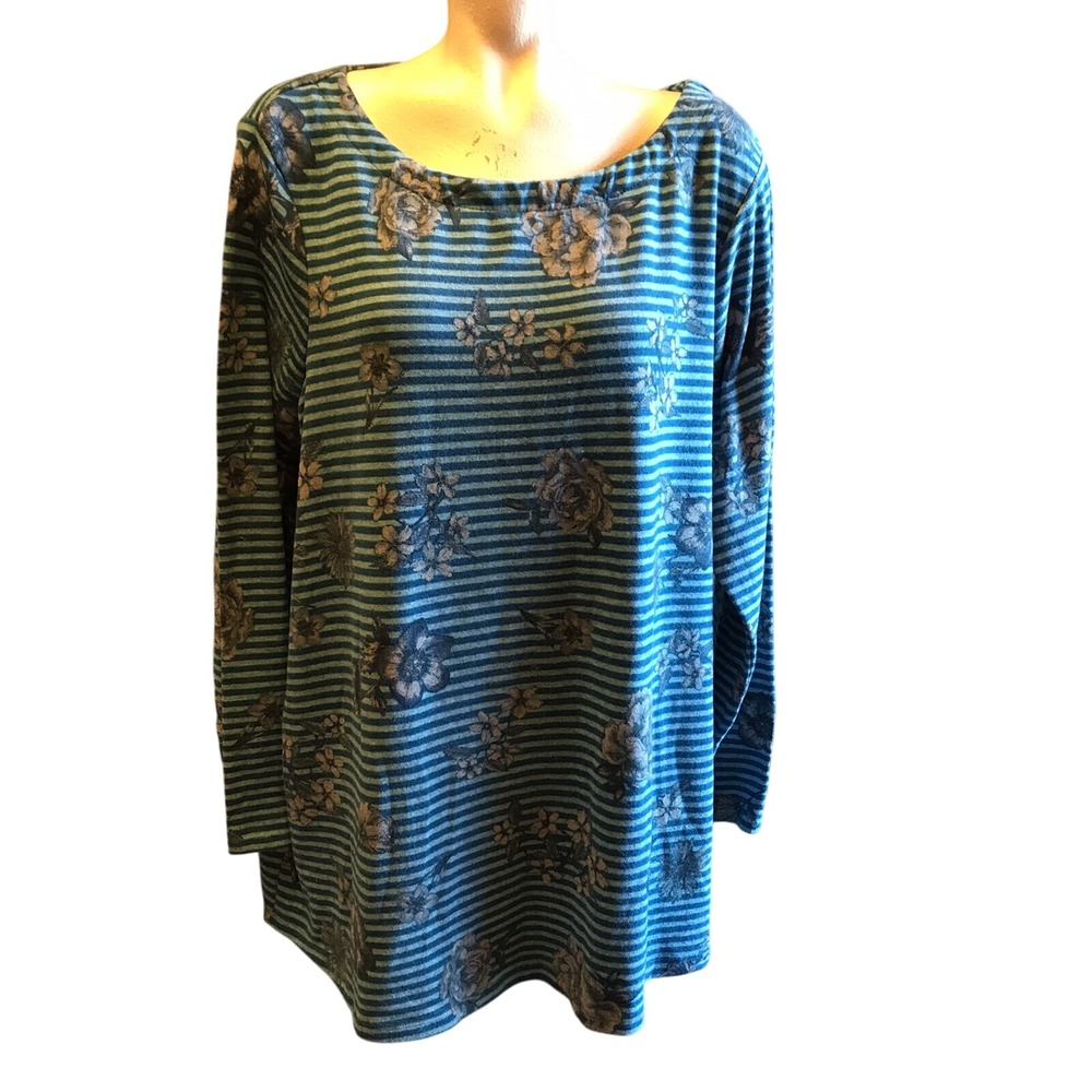Blue Striped Floral Long Sleeve Top 22/24‎ Casual Everyday Comfortable